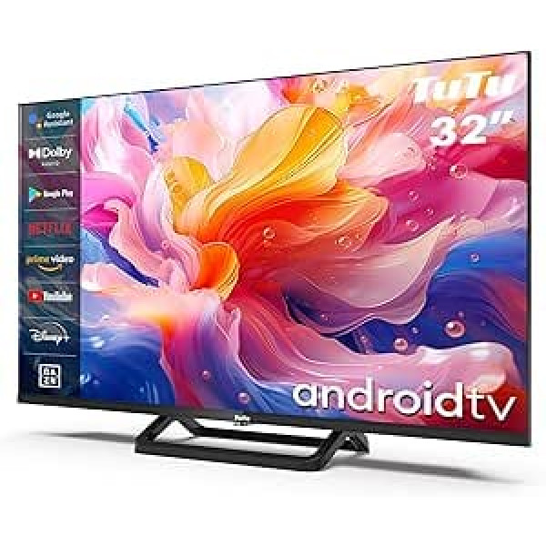 TuTu Smart TV 32 collu (80 cm) televizors Android TV HD Dolby Audio trīskāršais uztvērējs (DVB-T2/S2/C) Google Play veikals Google palīgs WiFi Bluetooth bezmalu vidējā pamatne (2024)