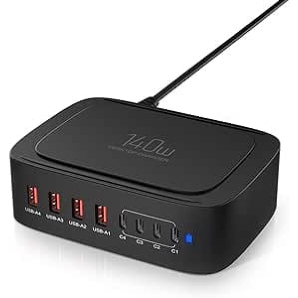 Vairāki USB C lādētāji, 140 W vairāku uzlādes stacija ar 4 portu 65 W USB-C ātro lādētāju un 4 portu QC4.0 uzlādes portu, 140 W USB ligzdas datora barošanas avoti MacBook, mobilajiem tālruņiem utt.