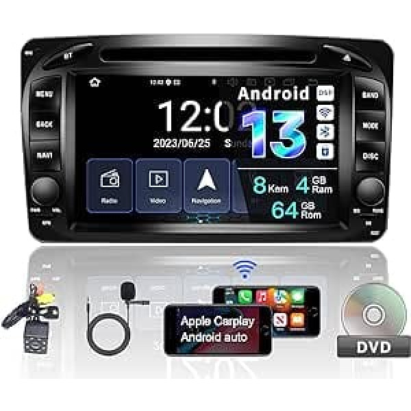 Amaseaudio Android 11 automašīnas radio, 2 din, savietojams ar Benz W168 W203 W209, 7 collu skārienekrāns, DVD atskaņotājs informācijas panelī, DSP+, atbalsta bezvadu Apple Carplay Android Car/GPS navigāciju/OBDII