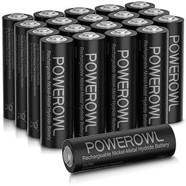 POWEROWL AA akumulators 2800 mAh Iepakojums ar 20 AA uzlādējamām baterijām — Mignon AA akumulatori 1,2 V NI-MH tips, zema pašizlāde ar putekļu kastīti