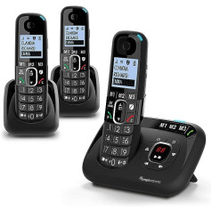 Amplicomms BigTel 1583 Trio Cordless DECT Large Buttons Phone, Answering Machine, Three Handsets, Audio Boost, Loud Ringtones, Hearing Aid Compatible, Call Protection