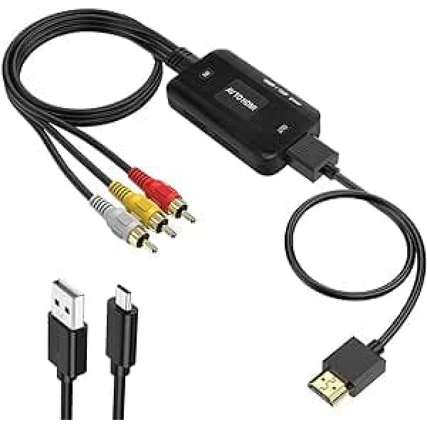 Jerilla AV uz HDMI pārveidotājs, RCA uz HDMI video adaptera kabelis, kompozīta CVBS L/R audio pārveidotājs 1080P/720P RCA ieeja ar HDMI kabeli HDTV/monitoram/PC/STB/VHS/PS3/DVD atskaņotājam