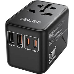 LENCENT universālais ceļojumu adapteris, GaN3 65 W starptautiskais adapteris ar 2 QC4.0 USB-A+2 PD3.0 Type-C PPS ātrās uzlādes, pasaules ceļojumu spraudņa adapteris ASV/AK/ES/AUS ligzdām, melns