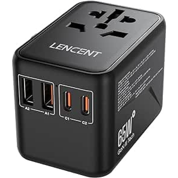 LENCENT universālais ceļojumu adapteris, GaN3 65 W starptautiskais adapteris ar 2 QC4.0 USB-A+2 PD3.0 Type-C PPS ātrās uzlādes, pasaules ceļojumu spraudņa adapteris ASV/AK/ES/AUS ligzdām, melns