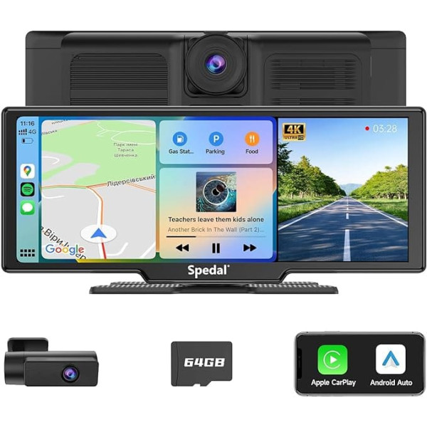 Spedal Wireless Apple CarPlay un Android automašīnas stereo ar 4K priekšējo kameru, Dash Cam automašīnas priekšējā aizmugurē, 9,3 collu IPS skārienekrāna automašīnas atskaņošana ar Bluetooth, AUX/FM raidītājs, 64G TF karte