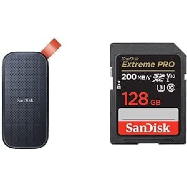 SanDisk portatīvais SSD 2 TB (ārējais SSD 2,5 collas, 520 MB/s pārsūtīšanas ātrums) Grey & Extreme PRO SDXC UHS-I atmiņas karte 128 GB (V30, pārsūtīšanas ātrums 200 MB/s, U3, 4K UHD video)