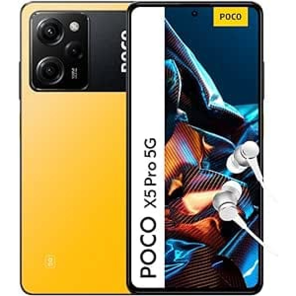 Xiaomi Poco X5 Pro 5G viedtālrunis + austiņas, 8 + 256 GB mobilais tālrunis bez līguma, 6,67 collu 120 Hz FHD + AMOLED DotDisplay, 108 MP galvenā kamera, 5000 mAh, 67 W turbo uzlāde, dzeltena