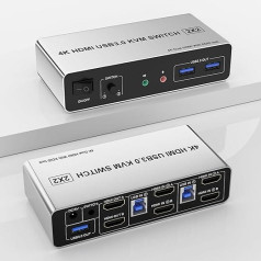 USB 3.0 KVM slēdzis divu monitoru HDMI 2 ports, atbalsta EDID, 4K @ 60 Hz KVM slēdzis 2 datoriem uz 2 monitoriem ar 3 USB 3.0 portiem un audio mikrofona izvadi, datora monitora tastatūras peles pārslēdzējs