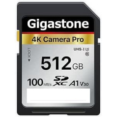 Gigastone SDXC atmiņas karte 512 GB 4K Camera Pro Series pārsūtīšanas ātrums līdz 100 MB/s Savietojams ar kameru Canon Nikon Sony videokameru A1 V30 UHS-I Class 10 4K UHD video