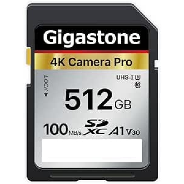 Gigastone SDXC atmiņas karte 512 GB 4K Camera Pro Series pārsūtīšanas ātrums līdz 100 MB/s Savietojams ar kameru Canon Nikon Sony videokameru A1 V30 UHS-I Class 10 4K UHD video