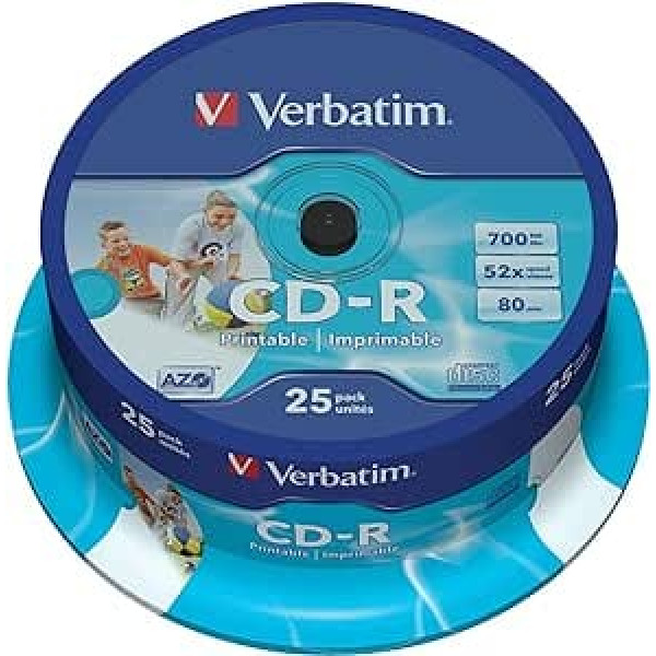 Verbatim 43439 CD-R AZO — 700 MB, 52 fache Brenngeschwindigkeit ar Langer Lebensdauer, Bedruckbar, 25er Pack Spindel