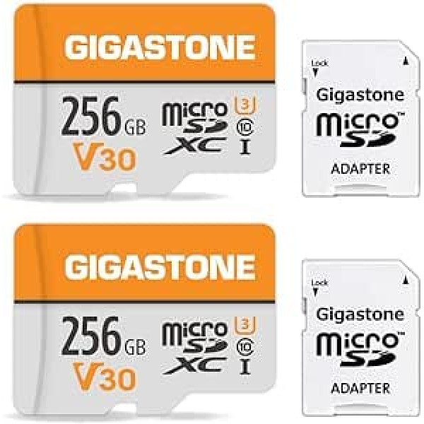 Gigastone 256GB MicroSDXC Memory Card Pack of 2 + SD Adapter for Action Camera GoPro Drone and Tablet, Read Speed up to 100MB/s, 4K UHD Video Recording, Micro SD Card UHS-I A1 Class 10 U3