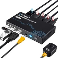 KVM slēdzis HDMI 2 portu 4K @ 60 Hz, USB un HDMI slēdzis 2 datoriem 1 monitora koplietošanas tastatūra, pele, printeris, 3 USB ierīces, HDMI 2.0 slēdzis Ultra HD, ar 2 USB kabeļiem un 2 HDMI kabeļiem