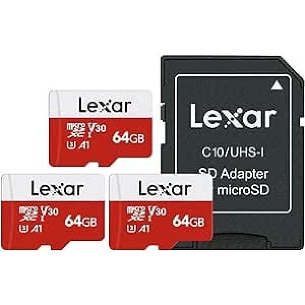 Lexar Micro SD karte 64 GB 3 atmiņas karšu komplekts Micro SD ar adapteri, lasīšanas ātrums līdz 100 MB/s, UHS-I, U3, A1, V30, C10, 4K UHD microSDXC SD karte kamerai, viedtālrunis