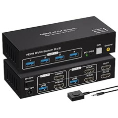 VPFET HDMI KVM Switch Dual Monitor 2 Port 4K60Hz KVM Switcher 2 Computers 2 Monitors with 4 USB 3.0 Ports Support Copy and Extended Display and Desktop Control Ietver 2 USB 3.0 kabeļus