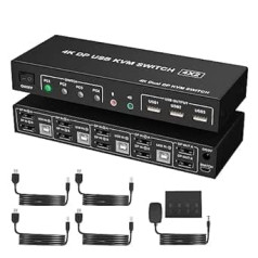 4 Port KVM Switch Dual Monitor Displayport 4K 60Hz, KVM Switch 2 Monitors 4 Computers with 3 USB 2.0 Ports and with Audio Microphone Output, DP Monitor Switch for 4 PCs 2 Monitors