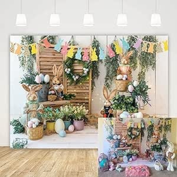 Spring Easter Background Rabbit Flowers Stand Decoration Photography Background Newborn Photo Banner Cake Table Accessories Studio Props (2.3x1.8m)