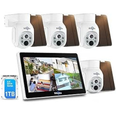 10 Channels + 1 TB HDD: Hiseeu Surveillance Cameras Outdoor Battery Set, 4 x WLAN Battery PTZ Cameras with Colour Night Vision, 2-Way Audio, PIR Motion Detection, App Alarm, IP66 Weatherproof