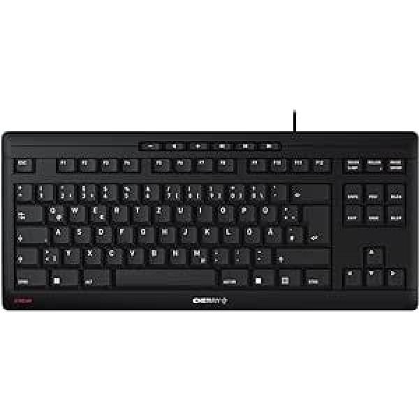 Cherry Stream tastatūra TKL vācu dizaina QWERTZ tastatūra Vadu tastatūra Blue Angel SX šķērveida mehānisms kluss nospiedums melns