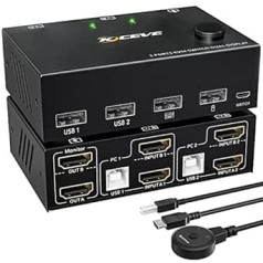 Divi monitori KVM Switch HDMI 2 Port 4K @ 30Hz, KVM Switch 2 PC 2 Monitors un 4 USB 2.0 Hub, KVM slēdži ar 2 HDMI un 2 USB kabeļiem, pogu slēdzis, saderīga Windows/Linux/Mac sistēma