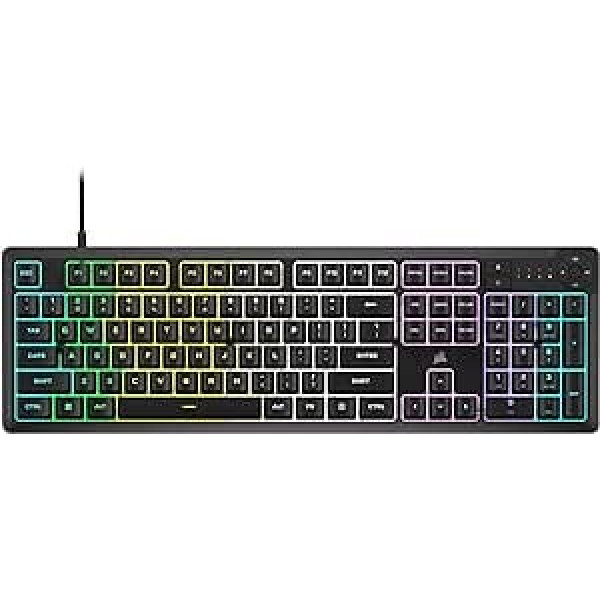 Corsair K55 CORE RGB membrānas vadu spēļu tastatūra — klusi, atsaucīgi slēdži — izturīgs pret šļakatām — desmit zonu RGB — multivides taustiņi – saderīgs ar iCUE — QWERTY NA — PC, Mac —