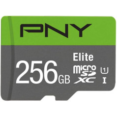 PNY Elite 256 GB microSDXC atmiņas karte + SD adapteris 100 MB/s Lasīšanas ātruma klase 10 UHS-I U1 A1 App Performance V10 Full HD video