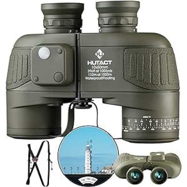 HUTACT Binoculars Adult 10 x 50 with Rangefinder and Illuminated Compass, for Low Light Vision, Bird Watching, Safari