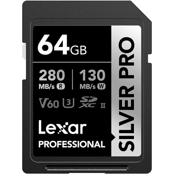 Lexar Silver Pro SD karte 64 GB, SD atmiņas karte UHS-II, V60, U3, C10, SDXC karte, lasīšanas ātrums līdz 280 MB/s, profesionāliem fotogrāfiem, videogrāfiem, entuziastiem (LSDSIPR064G-BNNAA)