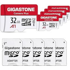 Gigastone Camera Plus 32GB MicroSDHC Memory Card Pack of 5 + SD Adapter for Action Camera and Drone, Read Speed up to 90MB/s, Full HD Video Recording, A1 U1 Class 10 Micro SD Card UHS-I