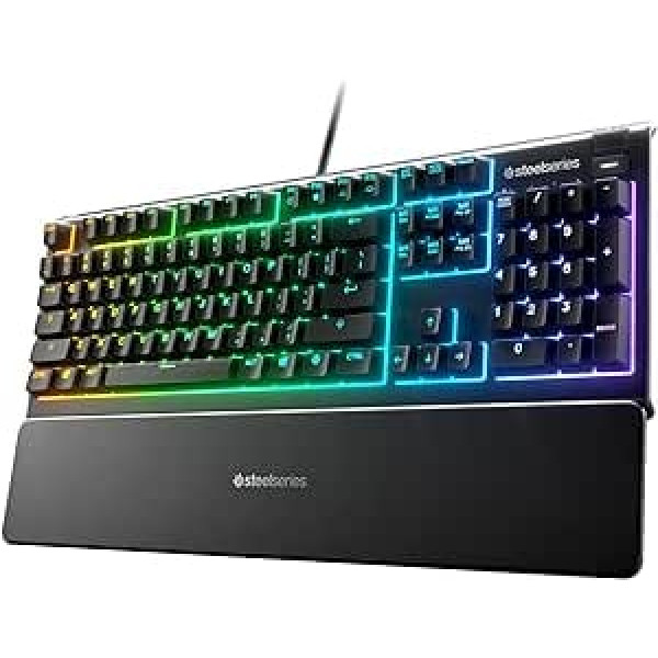 SteelSeries Apex 3 RGB spēļu tastatūra 10 zonu RGB apgaismojums IP32 ūdensnecaurlaidīgs augstākās kvalitātes magnētiskais plaukstas balsts 64812 čuksti-kluss, taustāms un kluss