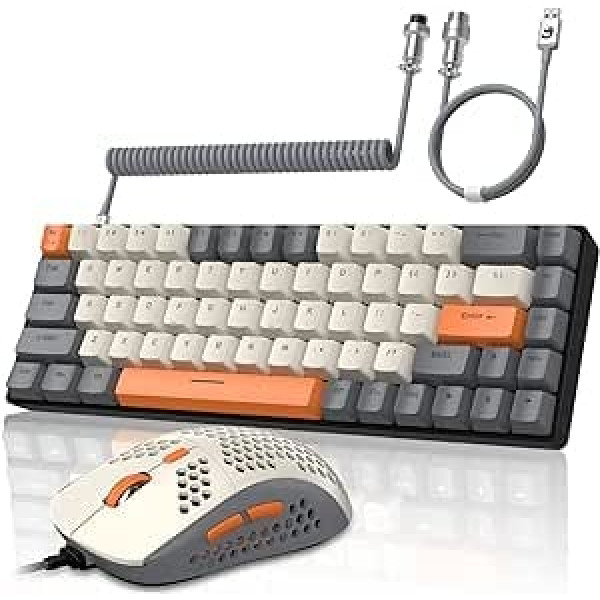 Yindiao T8 60% RGB Gaming Keyboard and Mouse Set plus Coiled USB-C Cable, Wired Mechanical Keyboard, 68 Keys, TKL Compact Layout, Mouse with Honeycomb Structure, Up to 6400DPI, for PC, PS5, Dark Grey