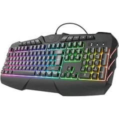 Trust Gaming GXT 881 Odyss pusmehāniskā LED spēļu tastatūra, vācu QWERTZ izkārtojums, apgaismota tastatūra, 6 dažādi gaismas režīmi, pret spoku veidošanās, USB Plug & Play, dators/klēpjdators — melns