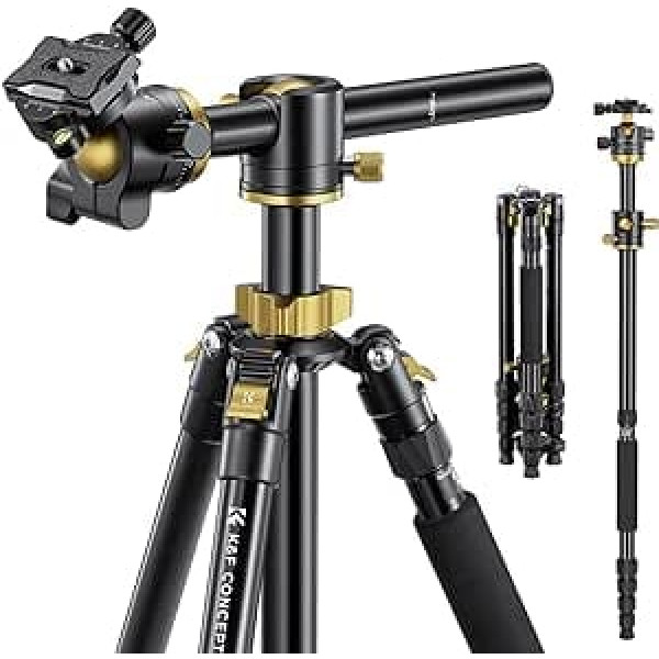 K&F Concept 170 cm Camera Tripod, Tripod with 90 Degree Centre Columns, Monopod Function, Tripod with 32 mm Ball Head and 1/4 Inch Thread Travel Tripod (Gold)