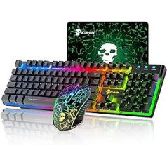 Vadu tastatūras pele, RGB aizmugurgaismojuma mehāniskās sajūtas, ergonomiska USB spēļu tastatūra, taustiņi pret spoku veidošanu, 2400 DPI 6 pogu RGB LED spēļu pele + spēļu peles paliktņi (melni)