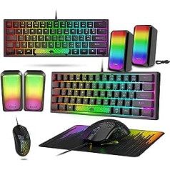 Lexonelec Keyboard Mouse Set Champing Accessories PC Xbox PS4 Pack Combo — 60 procentu īpaši kompakta gaismas mini tastatūra QWERTY izkārtojums un 6400 DPI peles spēļu basa skaļrunis, elpojošs peles paliktnis