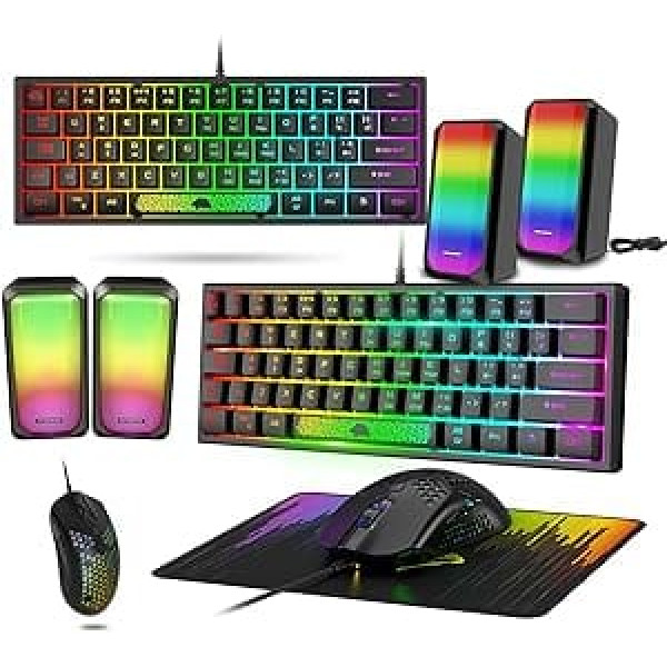 Lexonelec Keyboard Mouse Set Champing Accessories PC Xbox PS4 Pack Combo — 60 procentu īpaši kompakta gaismas mini tastatūra QWERTY izkārtojums un 6400 DPI peles spēļu basa skaļrunis, elpojošs peles paliktnis