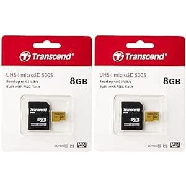 Transcend īpaši liela ātruma 8 GB Micro SDXC/SDHC atmiņas karte darbības kamerām/dash kamerām un droniem/UHS-I — TS8GUSD500S (2 pakotnē)