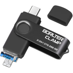 256 GB USB atmiņas zibatmiņa 3 in-1 Android tālruņiem, BorlterClamp OTG USB 3.0 zibatmiņas disks ar 3 USB pieslēgvietām (C tipa USB/microUSB/USB-A) Samsung Galaxy, klēpjdatoriem un citiem (melns)