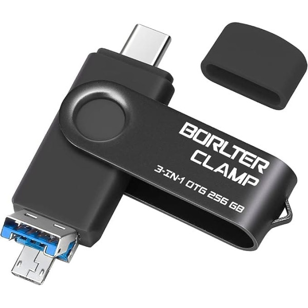 256 GB USB atmiņas zibatmiņa 3 in-1 Android tālruņiem, BorlterClamp OTG USB 3.0 zibatmiņas disks ar 3 USB pieslēgvietām (C tipa USB/microUSB/USB-A) Samsung Galaxy, klēpjdatoriem un citiem (melns)