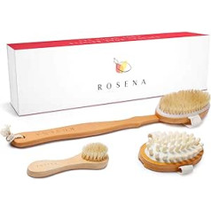 Rosena Dry Brush Set - Best for Cellulite, Lymphatic Drainage and Skin Exfoliation - Natural Bristle Spa Kit - Long Handle Back Scrubber, Massager & Face Scrub for Radiant Skin