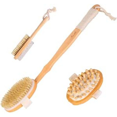 Nvetls Bath Brush, Back Brush, Natural Bristles, Long Handle with Massage Brush, Pumice Stone, Foot Care Brush, Pack of 3