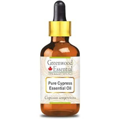 Greenwood Essential Greenwood ēteriskā dabīgā tīrā ciprese ēteriskā eļļa (Cupressus Sempervirens) ar stikla pilinātāju, dabīga, tīras, terapeitiskas kvalitātes tvaika destilēta 15 ml (0,50 unces)