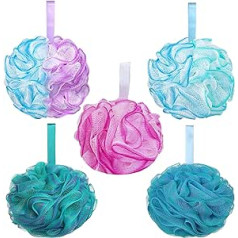 Yueming Pack of 5 Bath Sponge, Shower Sponge, Loofah Balls, 75 g/piece, Extra Large Mesh Pouf, Soft Body Mesh Loofah Balls for Body Scrub or Massage