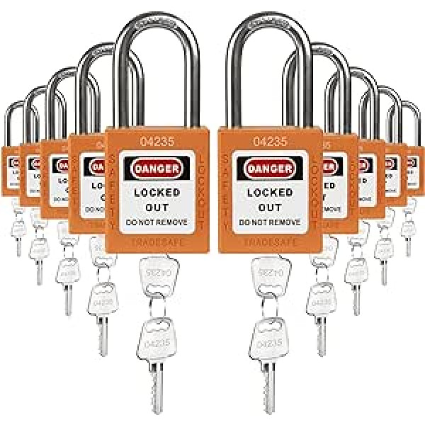 TRADESAFE Pack of 10 Orange Keyed Alike Key Padlock 2 Keys Per Lock OSHA Compliant for Lock Stations Premium Quality