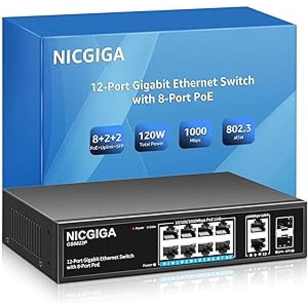 Nepārvaldīts 8 portu Gigabit PoE slēdzis ar 8 portu IEEE802.3af/at PoE+@120W, 2 x 1000 Mbps augšupsaite + 2 x 1G SFP, NICGIGA 12 portu tīkla barošanas Ethernet slēdzis, galddators/sienas stiprinājums.