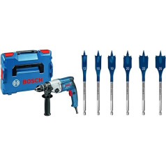 Bosch Professional GBM 13-2 RE Drill (750 Watt, Depth Stop 210 mm, L-BOXX 102 + 6x Expert SelfCut Speed Flat Milling Drill Bit Set (for Softwood, Coarse Chipboard, Diameter 13-25 mm, Accessories)