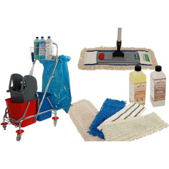 Axis Line Mop Complete Set 10 Pieces with Wiper Set 40 cm and with Double Bucket Chrome 2 x 17 Litres with Bin Bag Holder and Replacement Furnace and 2 x Professional Cleaning Agents