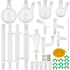 VEVOR laboratorijas stikla komplekts 3.3(GG-17), laboratorijas stikla komplekts ar borosilikāta stiklu 24/40, laboratorijas stikla komplekts maks. 600 °C, laboratorijas stikla trauku komplekts gumijas, laboratorijas stikla trauki un aprīkojums 32 gab.
