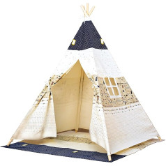 Bino TeePee Play Tent, Children's Room Tent (Children's Teepee Tent, Playhouse for Children from 3 Years, Suitable for Indoor and Outdoor Use, Printed with Indian Motifs, Size 120 x 120 x 150 cm), Blue/Beige