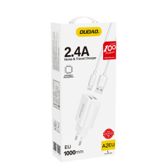 Dudao EU 2x USB 5V/2.4A tīkla lādētājs + Lightning kabelis priekš iPhone, balts